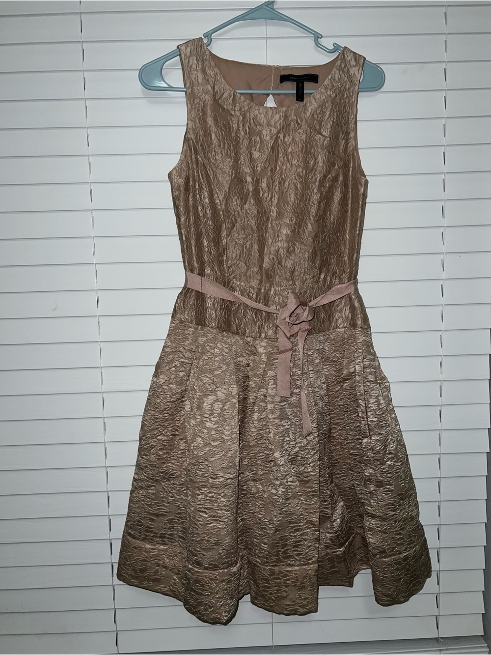 BCBGMaxAzria Textured Sleeveless Mini Dress in Taupe Gold